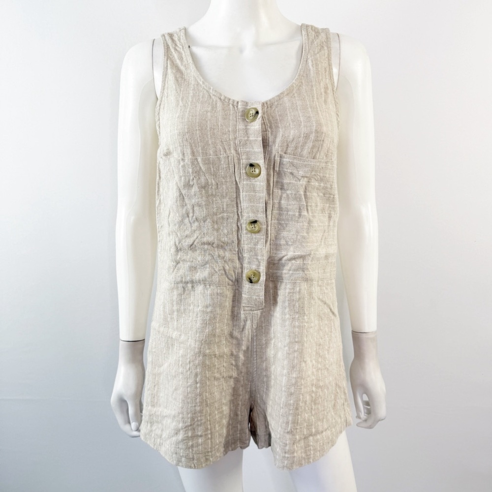 Whimsy + Row Tan Striped Romper Size XS Button Front Sleeveless Summer Preppy